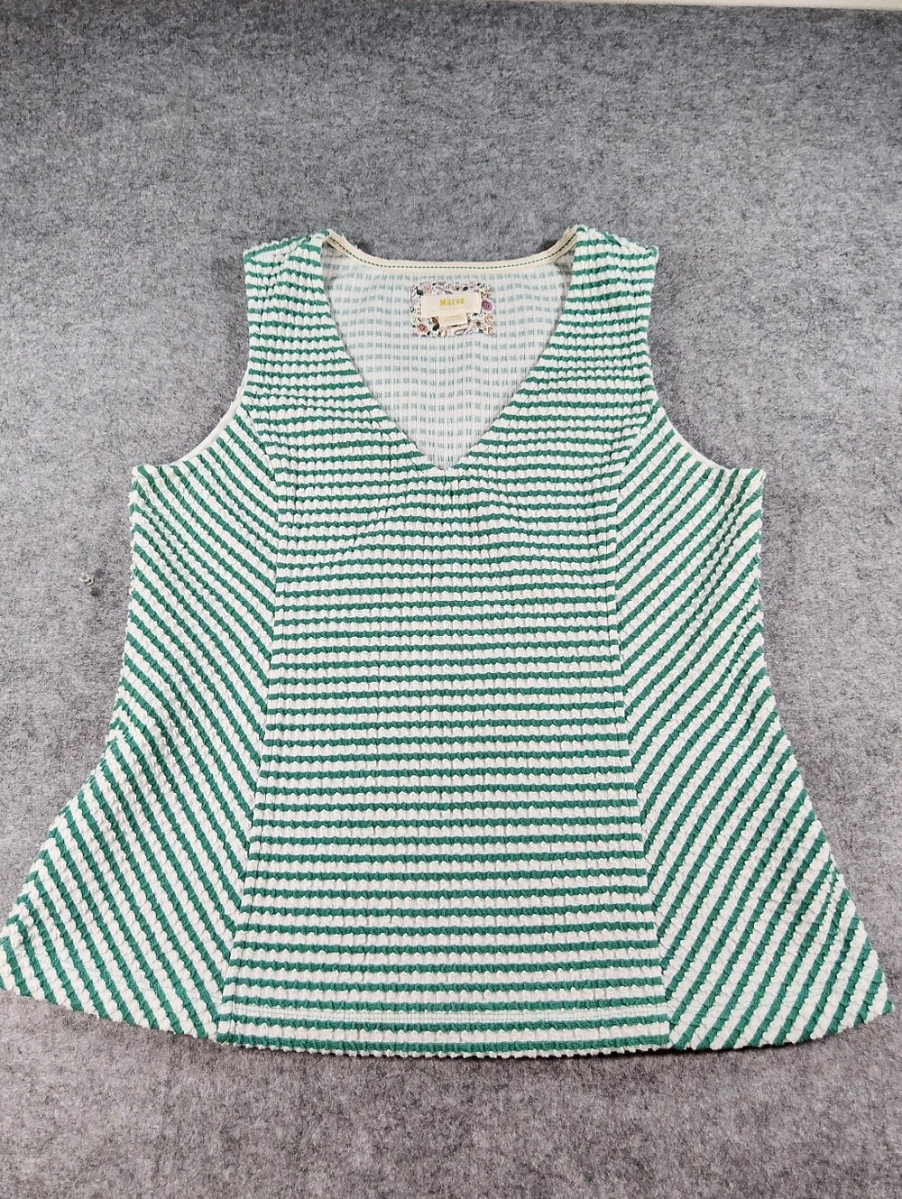 Maeve By Anthropologie Green & White Striped V-Neck Knit Tank Size Large